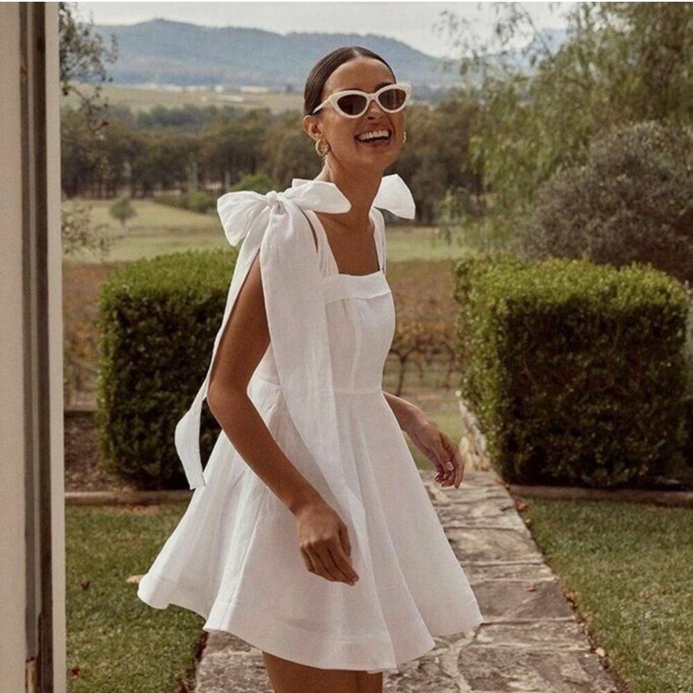 DISSH Aisle White 100% Linen Bow Tie Mini Dress, Sz. 4